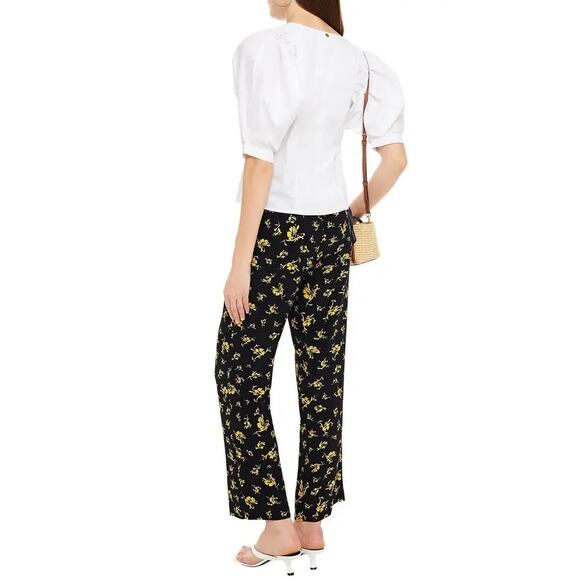 Ganni Floral Print Crepe Straight Leg Pull On Pants Black - Picture 2 of 8